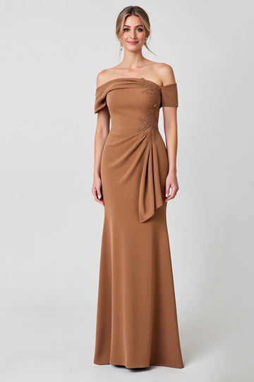 Off The Shoulder Brown Sheath Formal Dress with Appliques